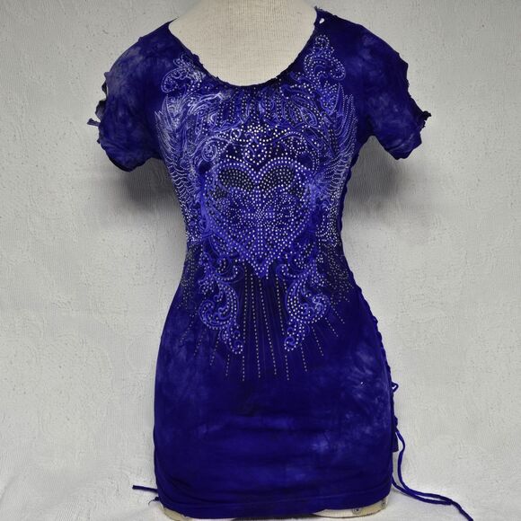 Affliction Upcycled Blue Tie Dye Rhinestone Shirt Dress Small Vintage Y2K Sexy - Picture 1 of 12
